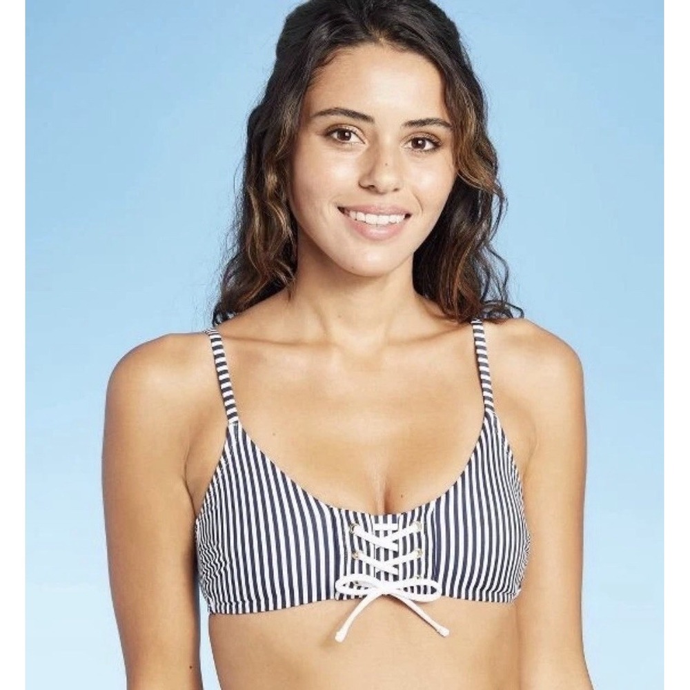 Lace-up Front D/DD Bralette Bikini Top ~ Xhilaration~ Navy & White Stripe ~ NWT